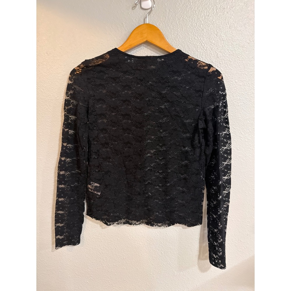 Bongo Lace Top Women Medium Black Long Sleeve Sheer Floral Crew Neck Stretch - Picture 4 of 8